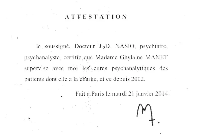 Attestation du Docteur J-D NASIO